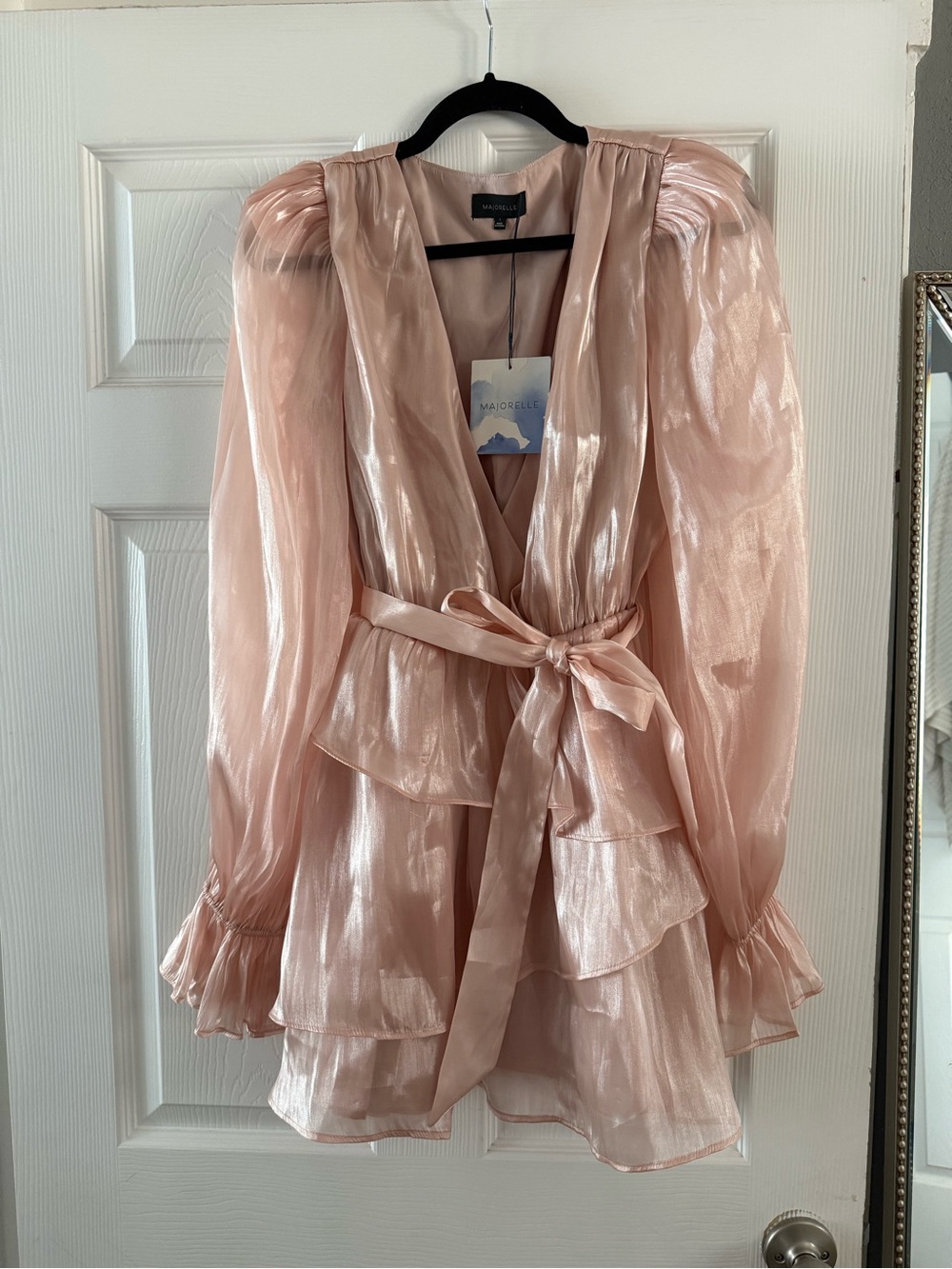 MAJORELLE Shimmery Blush Pink Mini Dress with Tie Waist